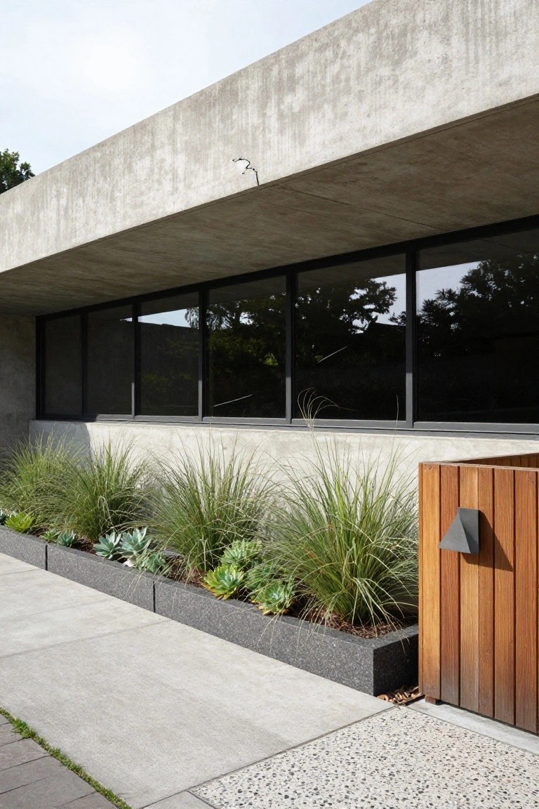 Concrete house exterior featuring large horizontal black-framed windows under an overhang, with a linear black-edged planting bed of ornamental grasses and succulents along the base next to a concrete sidewalk and wooden gate with angular black wall light.
