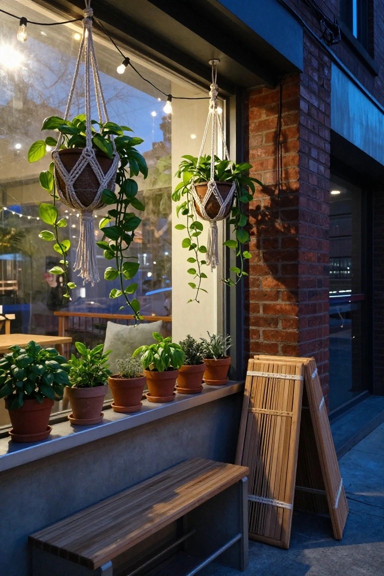 Evening exterior view of a large window with hanging macrame planters filled with trailing green plants, string lights overhead, potted herbs on the sill, a wooden bench nearby, and a folded bamboo signboard against a brick wall.