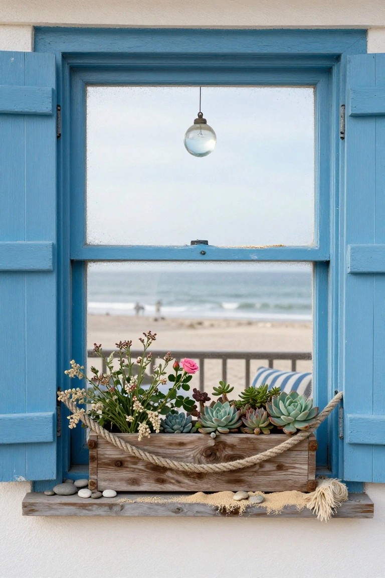 Blue wooden window with open louvered shutters containing a rustic rope-handled wooden planter box filled with succulents, flowers, and pebbles on the exterior sill, overlooking beach and ocean.