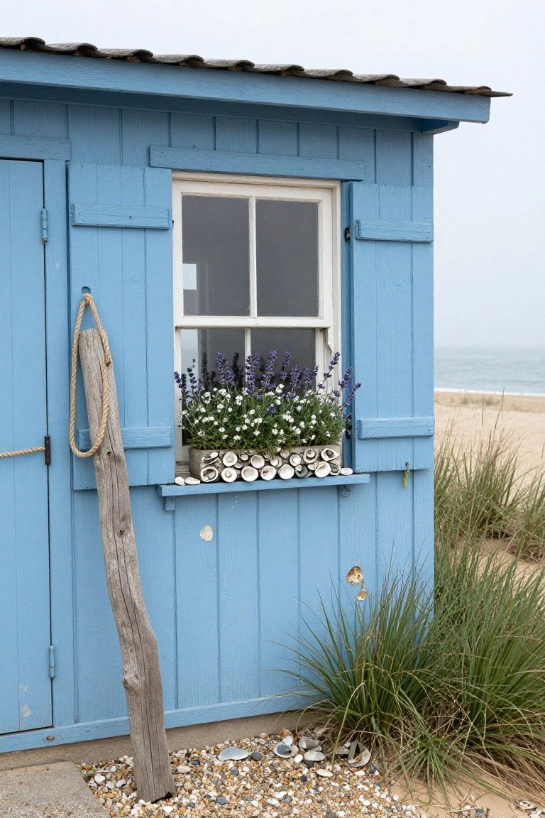 Blue wooden beach hut with closed blue shutters beside a white-framed window holding a flower box of purple lavender plants topped with white seashells, a coiled rope and driftwood post leaning against the wall, beach grass and scattered shells on the sandy ground by the ocean.