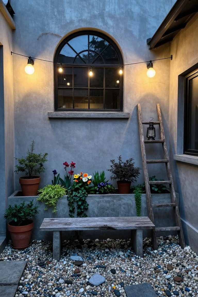 Gray stucco courtyard wall with an arched black-framed window framed by hanging string lights, a wooden ladder leaning nearby with a lantern, potted plants in a planter box below the window, a wooden bench, and pebble ground covering the floor.