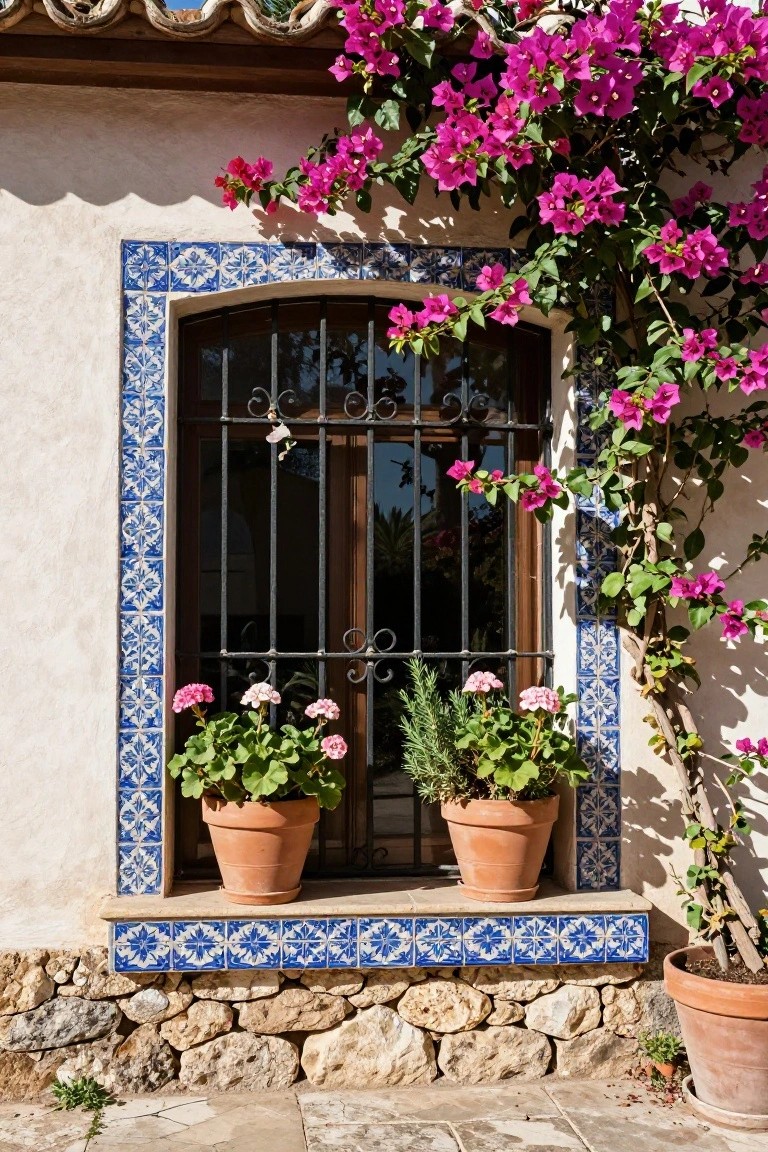 White stucco exterior wall with arched window framed in blue tiles and black wrought iron bars, two terracotta pots of pink geraniums and herbs on the sill, pink bougainvillea vines climbing around the window, and a stone base below.