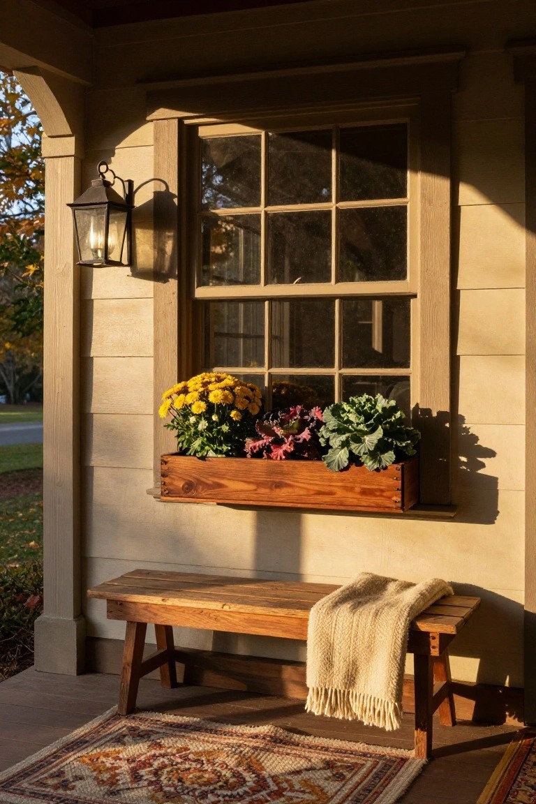 Wooden window box planter filled with yellow chrysanthemums, purple kale, and green kale below a multi-pane window on a light beige house exterior, with a hanging lantern light, wooden bench draped in a cream blanket, and patterned outdoor rug on the porch floor amid fall foliage.