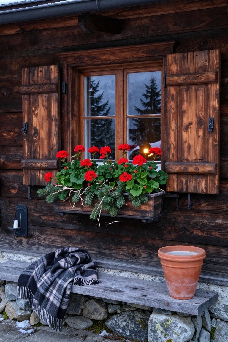 Wooden chalet exterior with open dark shutters on a window, flower box filled with red geraniums and trailing evergreen branches, wooden bench with plaid blanket and empty terracotta pot on stone base with patches of snow.