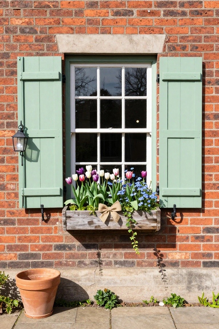 Brick house exterior wall with green shutters open beside a white-framed multipane window, wooden window box filled with multicolored tulips, blue flowers, and trailing ivy below the sill, wall lantern, and terracotta pot on pavement nearby