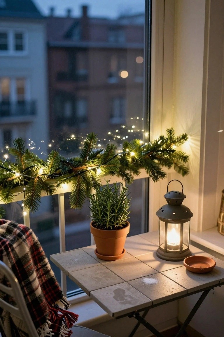 Interior windowsill decorated with evergreen garland strung with white fairy lights, a potted rosemary plant, lit metal lantern, small tiled table with clay dish and plaid blanket draped over a chair, viewed at dusk toward city buildings.