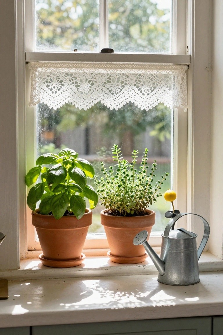 Kitchen windowsill with two terracotta pots holding basil and thyme plants, a metal watering can, lace curtain above, and trees visible through the window.