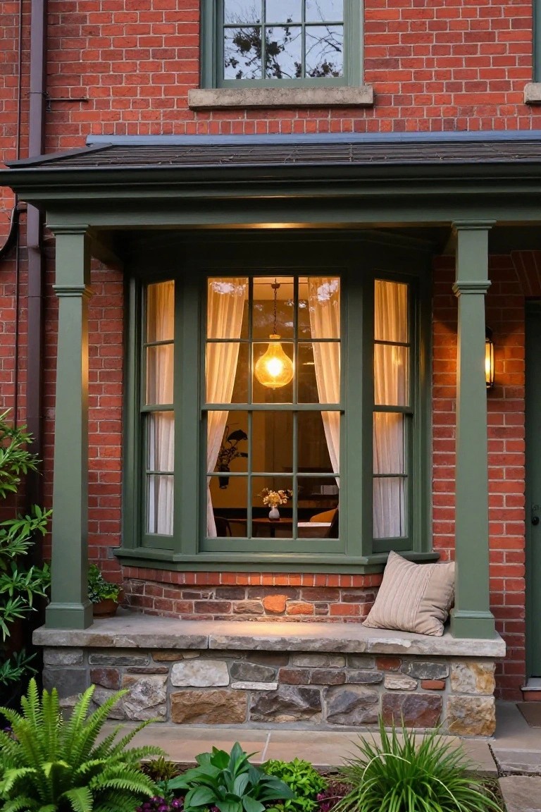Red brick house exterior featuring a green bay window porch with warm interior bulb light glowing through sheer white curtains, a beige pillow on the stone bench, potted plants, ferns, and an exterior wall lantern lit at dusk.