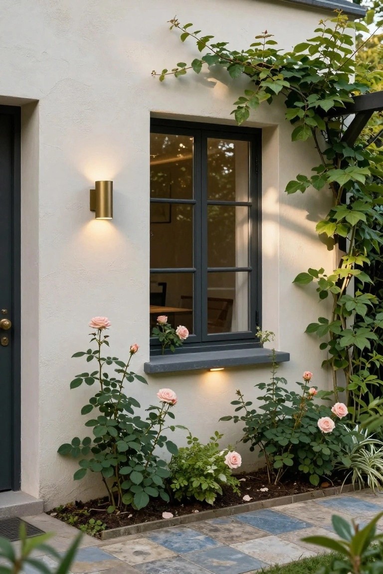 Beige stucco house wall with dark green door, black-framed window lit by brass cylindrical wall sconce and under-sill light, pink rose bushes below, climbing green vines, and blue stone pavers in foreground.