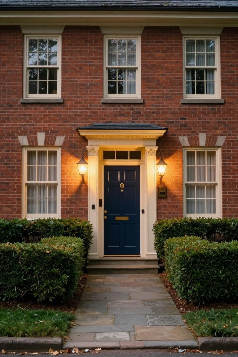 Red brick house facade with multipaned windows, white trim, dark blue front door with brass knocker and letter slot, paired lit wall lanterns flanking the entry, boxwood hedges, and slate stone pathway at dusk.