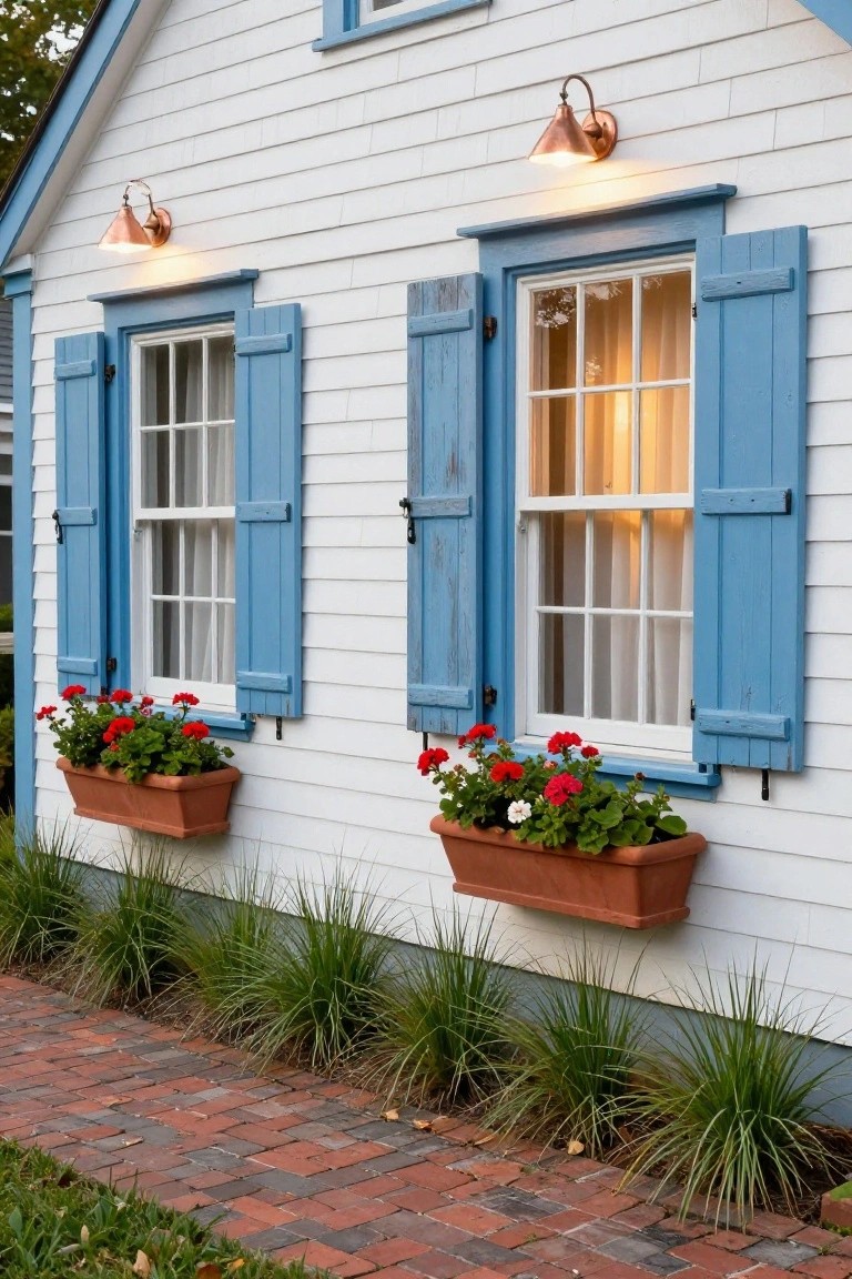 White clapboard house exterior with two lit copper cone-shaped sconces flanking blue-shuttered double-hung windows, red geraniums in terra-cotta window boxes, ornamental grasses at the base, and a brick pathway leading to the entrance.