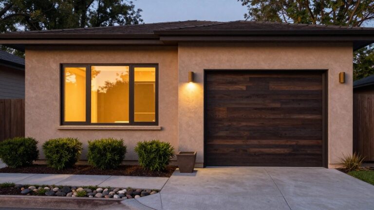 Evening view of a stucco garage with wooden sliding door, large lit windows, cylindrical wall sconces, boxwood shrubs, potted plant, pebble border on concrete driveway, and trees in background.