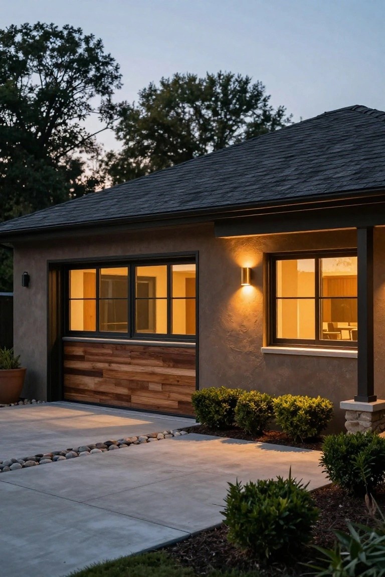 Evening view of a stucco garage with wooden sliding door, large lit windows, cylindrical wall sconces, boxwood shrubs, potted plant, pebble border on concrete driveway, and trees in background.