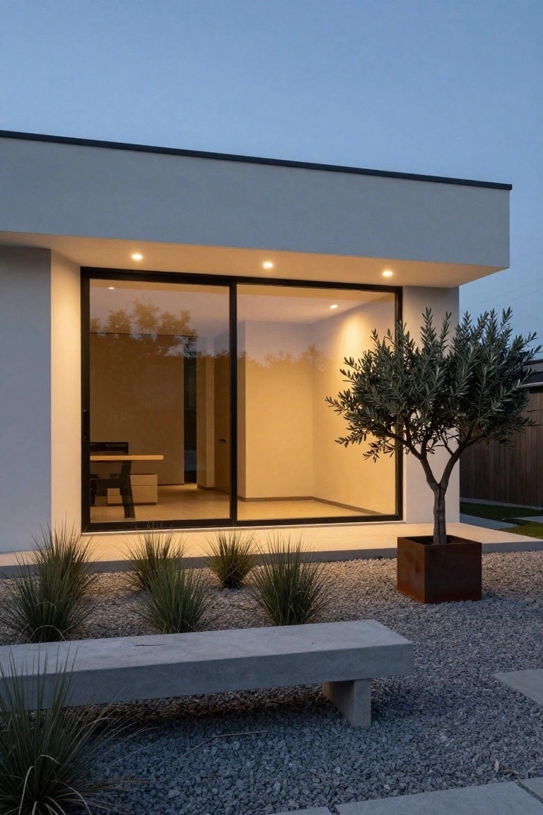 Modern white stucco house exterior at dusk featuring large black-framed sliding glass doors illuminated from an interior room with a desk, flanked by ornamental grasses, a potted olive tree in a rusted metal planter, a concrete bench, and gravel ground cover.