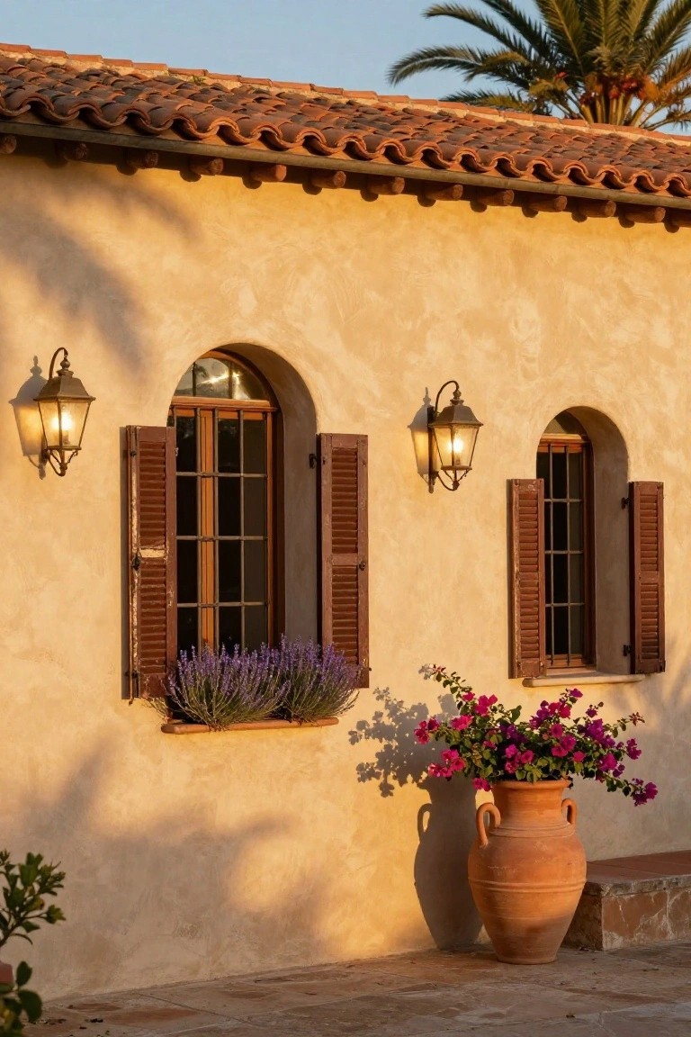 Beige stucco wall of a house with red tile roof edge, two arched windows with brown wooden shutters, lit wrought-iron lanterns on each side, lavender plants in window boxes, pink bougainvillea in a large terracotta pot, and a palm tree in the background at sunset.