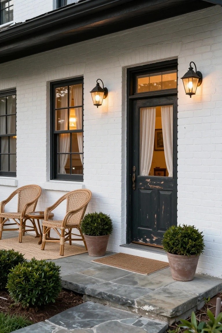 White brick house facade featuring a dark wood front door flanked by black metal lantern sconces, lit windows with sheer curtains, wicker chairs on a stone porch, potted boxwood plants, and a welcome mat.