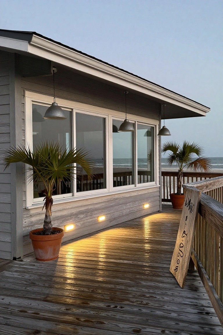 Gray shiplap-sided building with large white sliding windows, hanging galvanized pendant lights from the overhang, potted fan palms on a wooden deck with railing and low warm ground lights along the edge, overlooking the ocean at twilight.