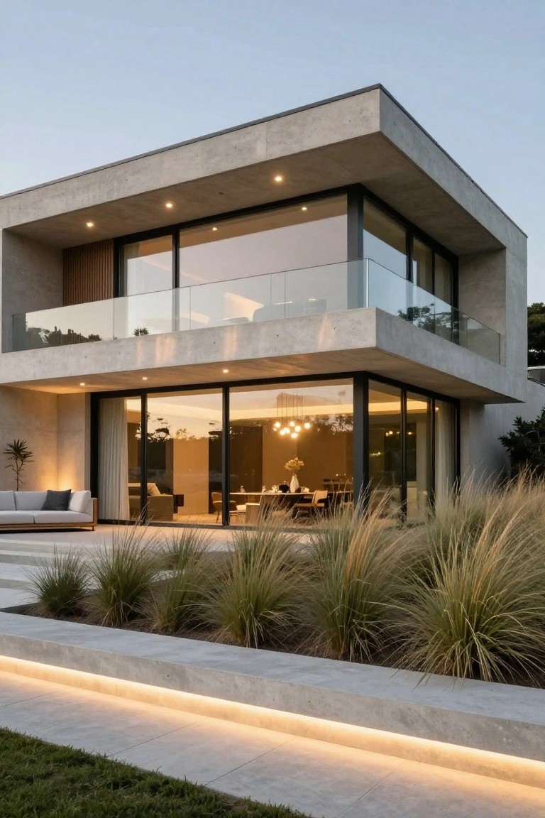 Modern two-story concrete house exterior at dusk featuring large glass windows and doors with interior lighting glowing outward, recessed spotlights in overhangs, glass balcony railing, outdoor sofa and dining area visible inside, grasses in front, and LED-lit concrete pathway edging the lawn.