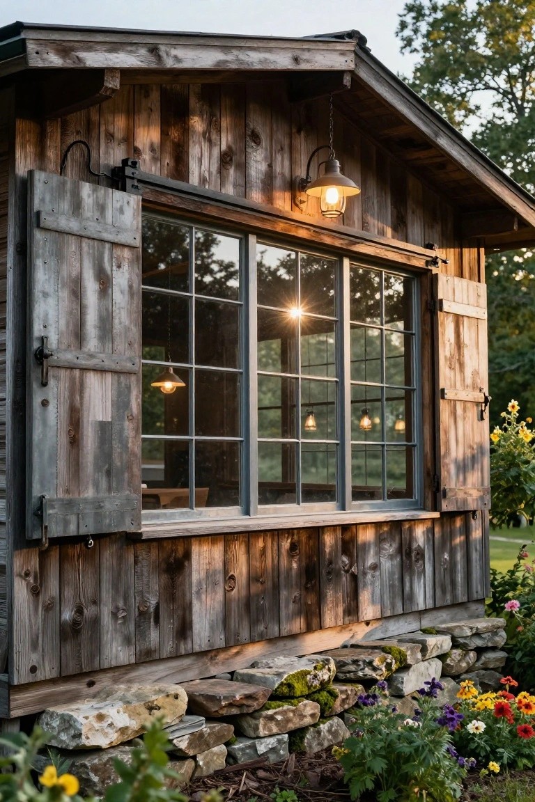 Rustic wooden cabin exterior featuring large multi-pane windows with open shutters, flanked by hanging lanterns, on a stone foundation surrounded by colorful flowers and greenery.