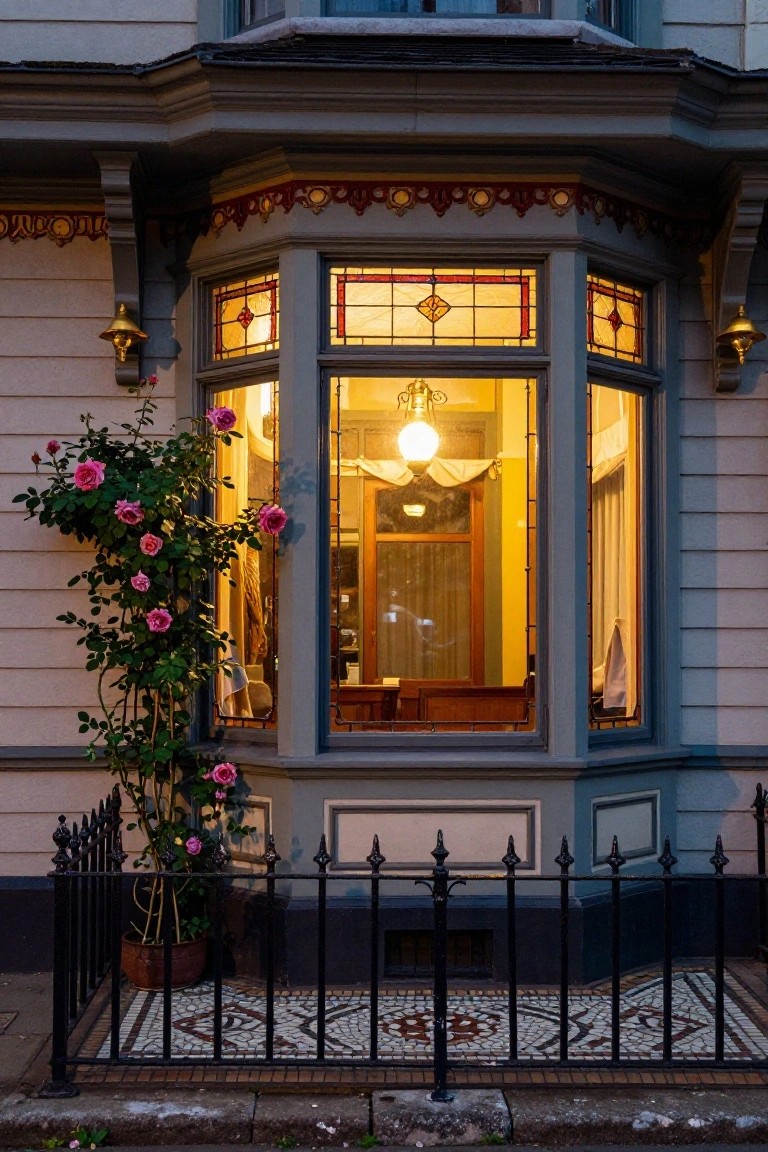 Exterior of a painted clapboard house at dusk with a three-sided bay window featuring stained glass panels illuminated from inside by a hanging lamp, flanked by climbing pink rose vines on a black iron fence and mosaic tiled entry steps.