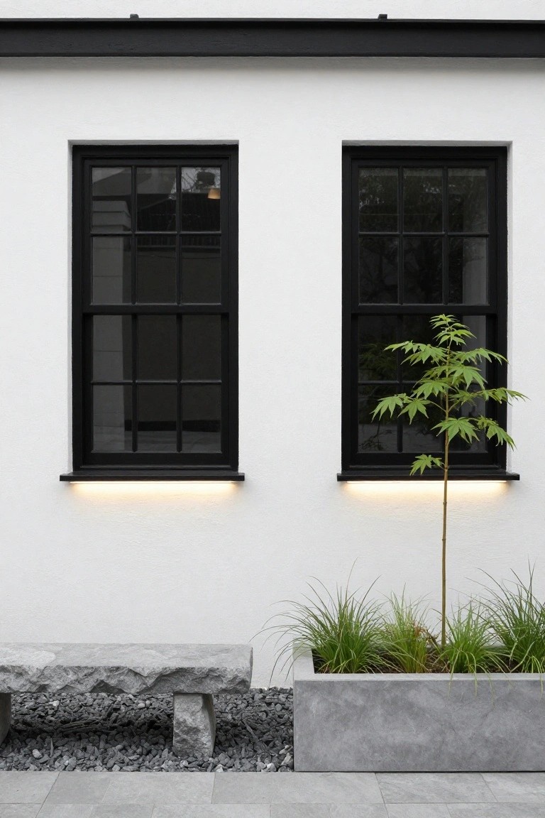 White stucco house wall with two tall black-framed windows, yellow LED lighting strips under each sill, a young tree beside the right window, grasses in a concrete planter box, rough stone bench on gravel, and gray tile paving.