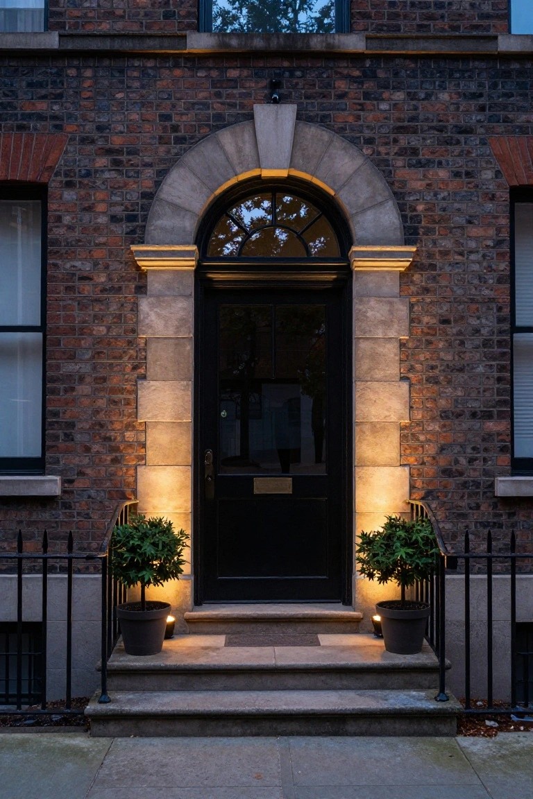 Red brick house exterior at dusk with black front door in tall arched stone surround, lit by uplights on stone pillars and two potted plants on steps.