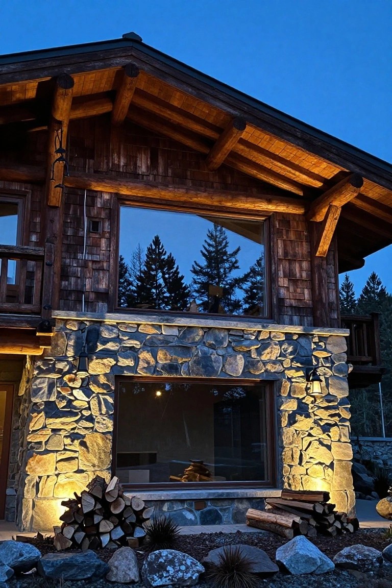 Dusk photo of a wooden chalet house with stone base walls uplighted, firewood stacks beside a large window, and balcony above surrounded by rocks and plants.