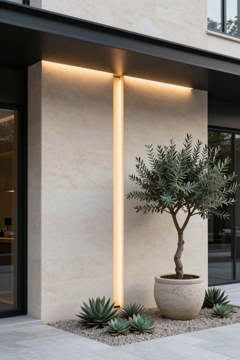 Modern house exterior featuring beige stone walls with a tall vertical linear light strip, large glass windows and doors, a potted olive tree, agave plants, and gravel ground cover.