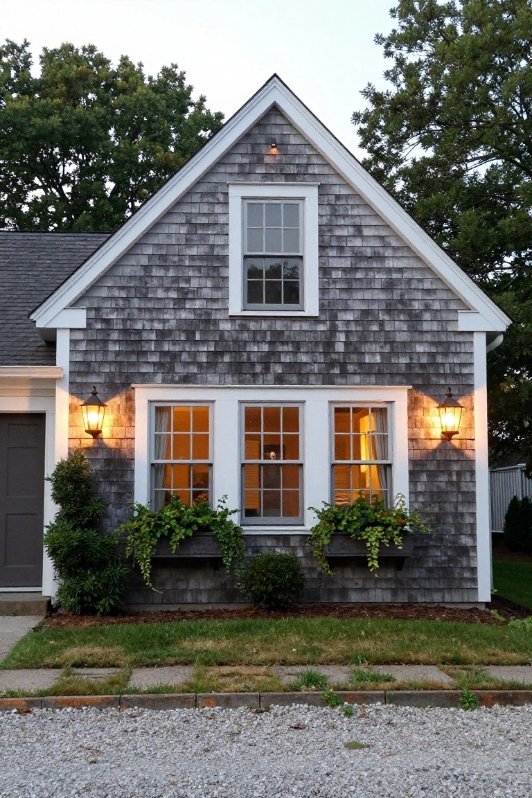 Gray shingle-clad house exterior at dusk with wall-mounted lanterns on either side of triple-pane windows next to a dark garage door, window boxes with plants, and minimal landscaping.