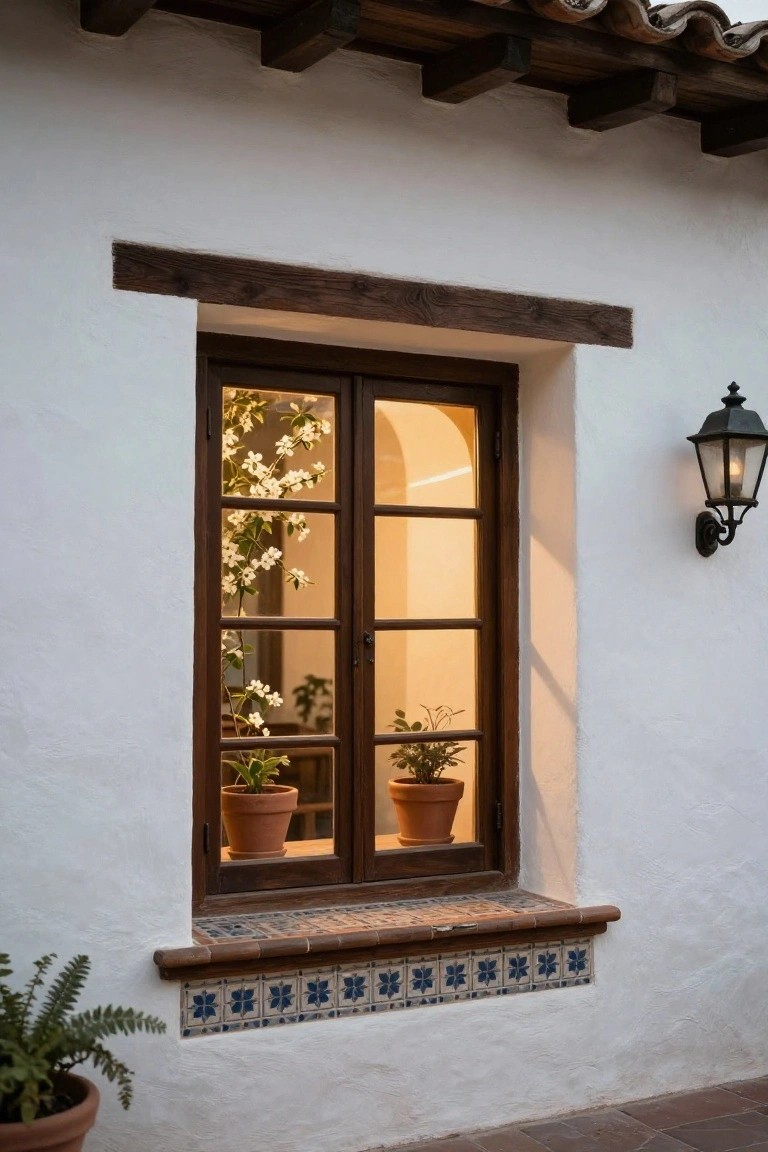 White stucco house wall with wooden double casement window, black lantern light fixture mounted beside it, potted plants on the tiled windowsill, climbing white flowers on the glass, and a fern plant below.