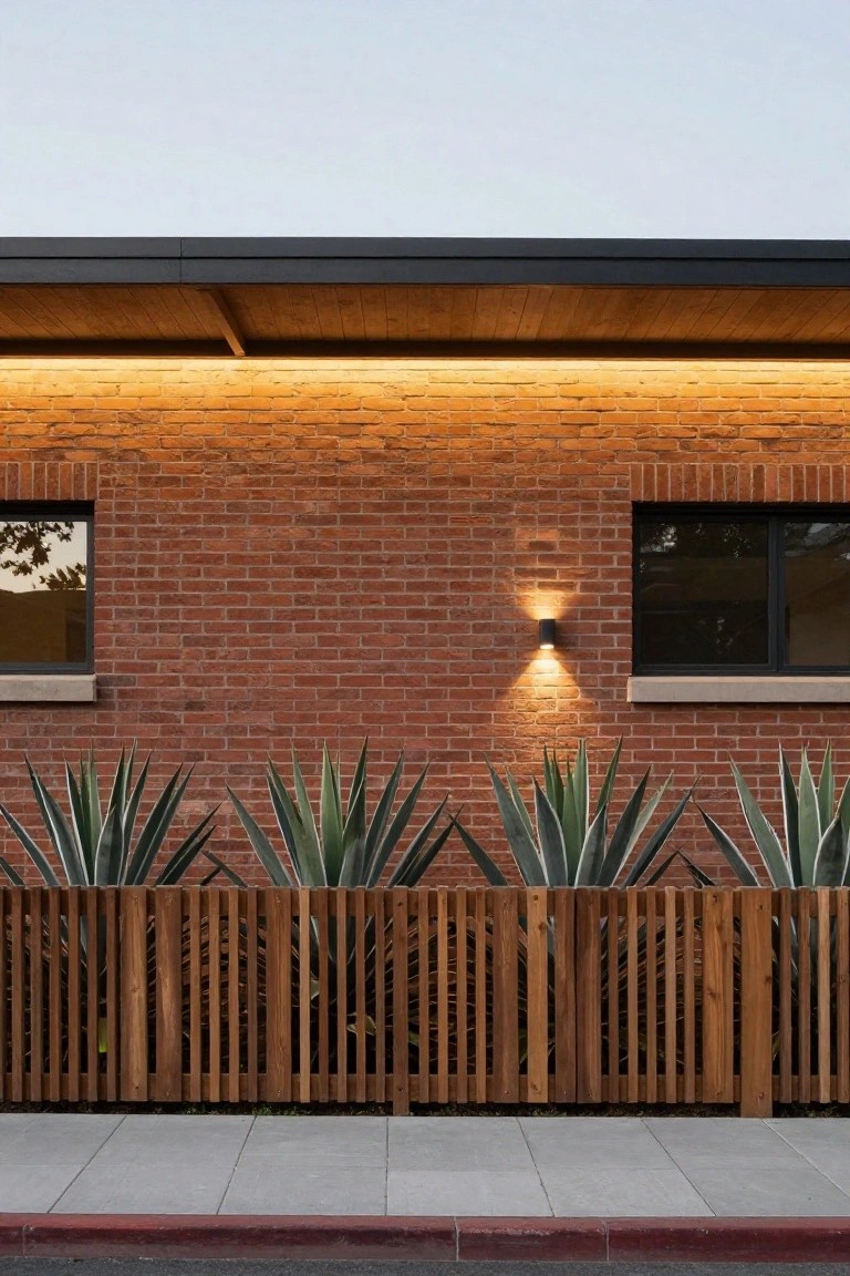 Brick house exterior with two black-framed windows illuminated by black wall-mounted sconces, agave plants in front, wooden slat fence, and sidewalk at dusk.
