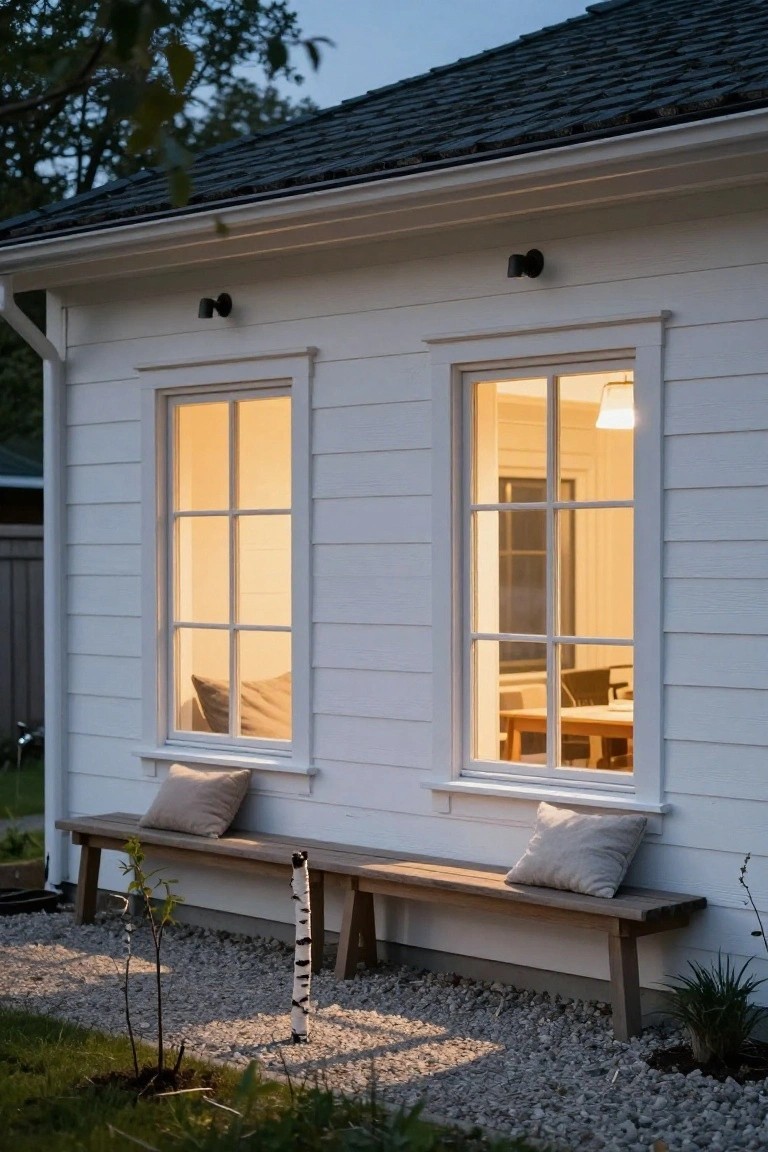White clapboard house exterior at dusk with warm light glowing through two large multi-pane windows revealing pillows and a dining table inside, wooden bench with beige pillows below the windows, gravel path and small plants in front.