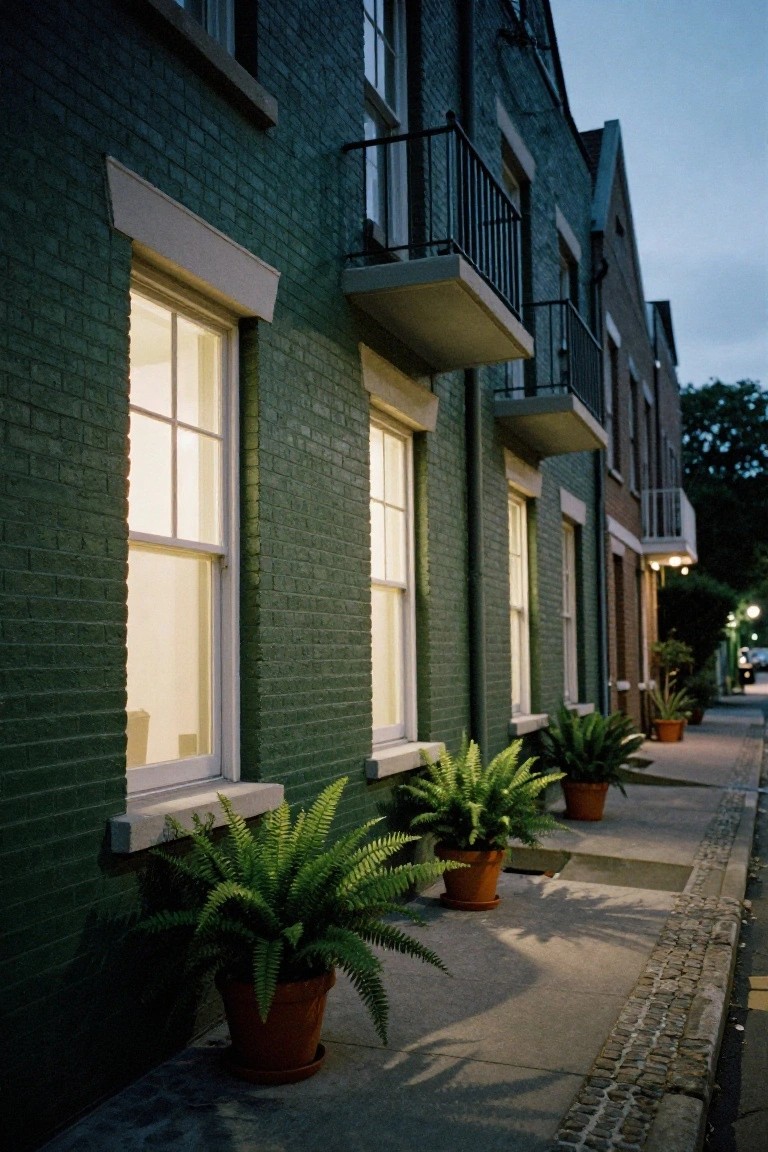 Row of dark green brick townhouses at dusk with warm light glowing from tall sash windows, metal balconies above, and potted ferns lining the sidewalk.