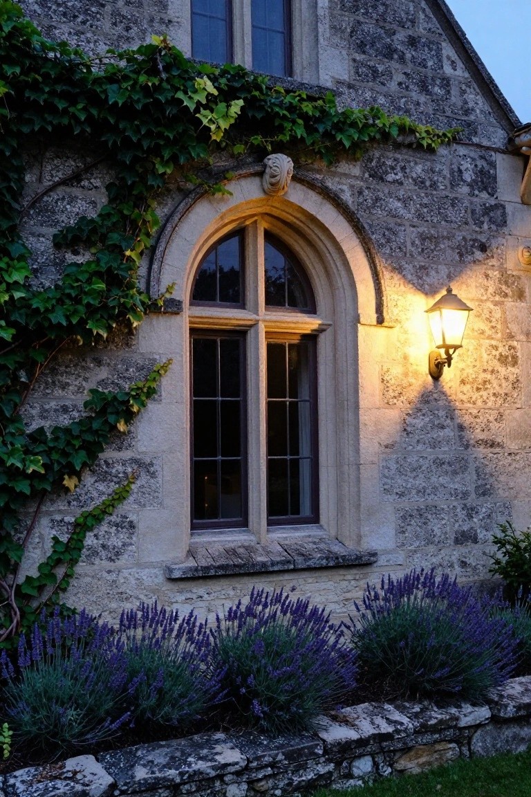 Stone house facade with ivy climbing around an arched window topped by a carved stone head, illuminated by a wall-mounted lantern, and purple lavender plants along the base.