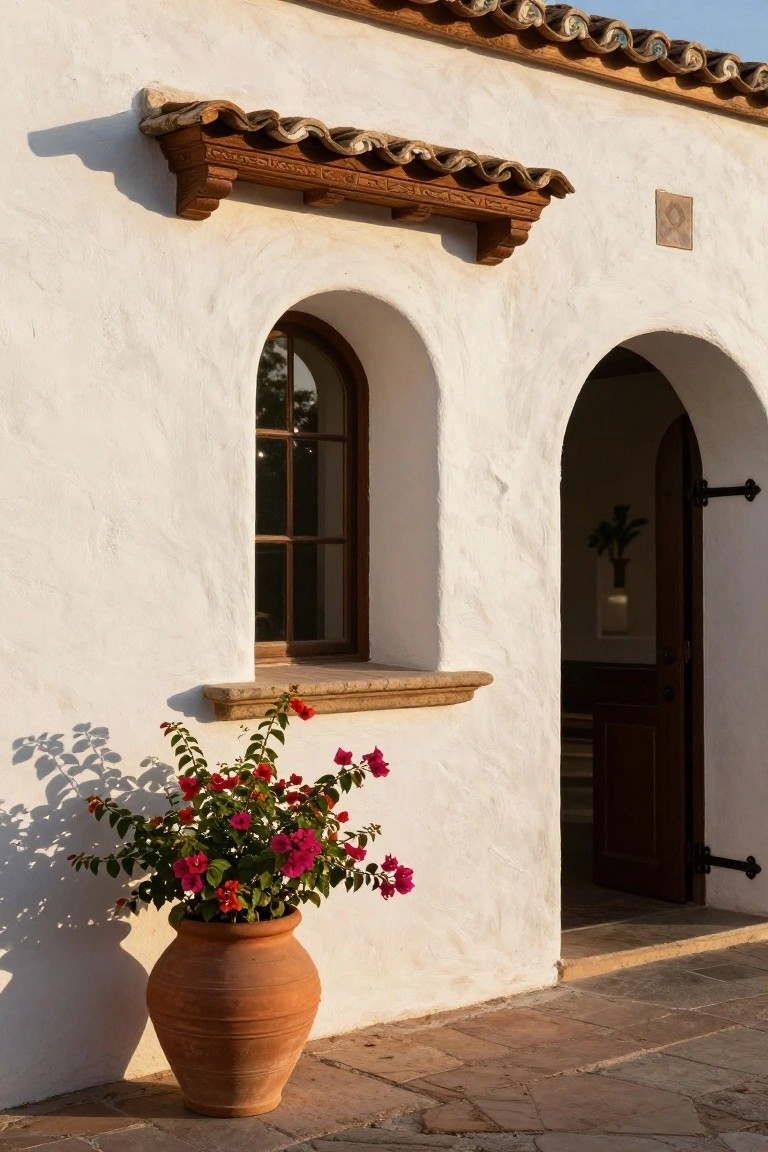 White stucco exterior wall with small arched window under decorative carved wooden beam topped with curved tiles, adjacent open arched wooden door, red bougainvillea in terracotta pot, and stone patio ground.