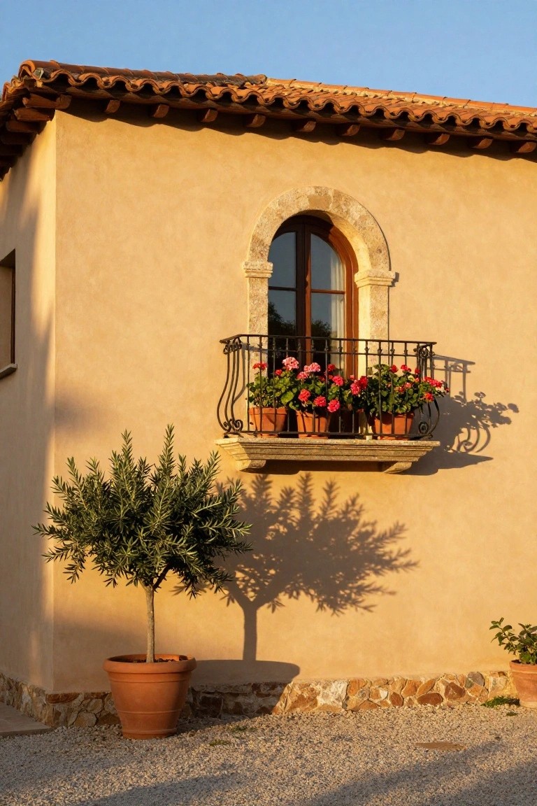 Beige stucco house corner with arched window in light stone pediment, black wrought iron balcony holding red geraniums in terracotta pots, potted olive tree on gravel ground nearby.