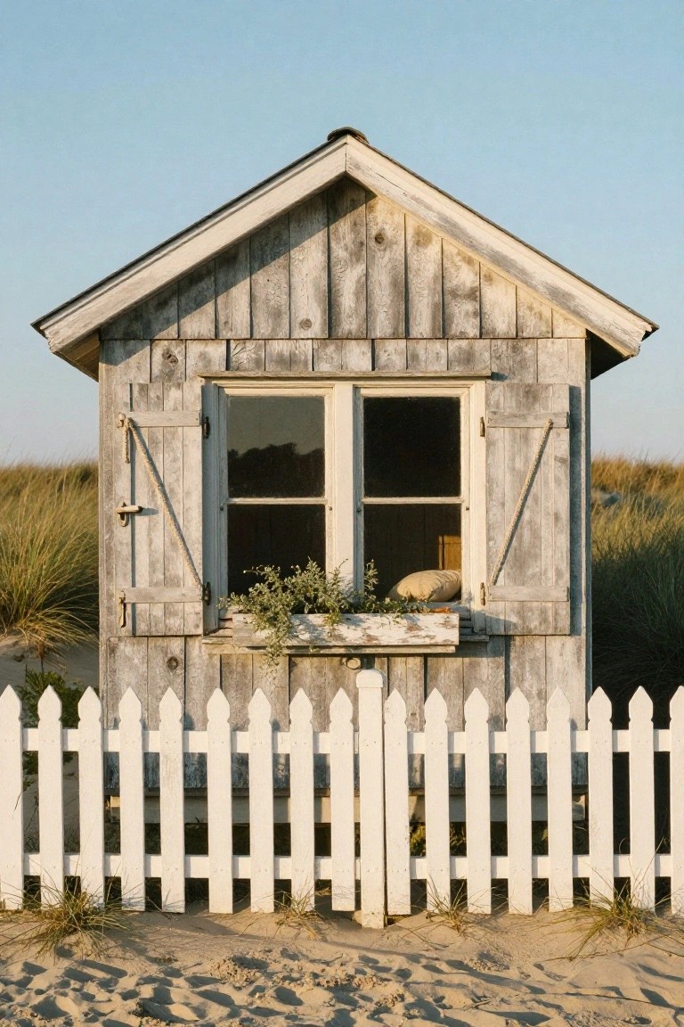 Small weathered gray wooden beach shack with double casement window, half-open board shutters, flower box of greenery on sill, white picket fence in front, sand dunes and beach grass around it under blue sky.