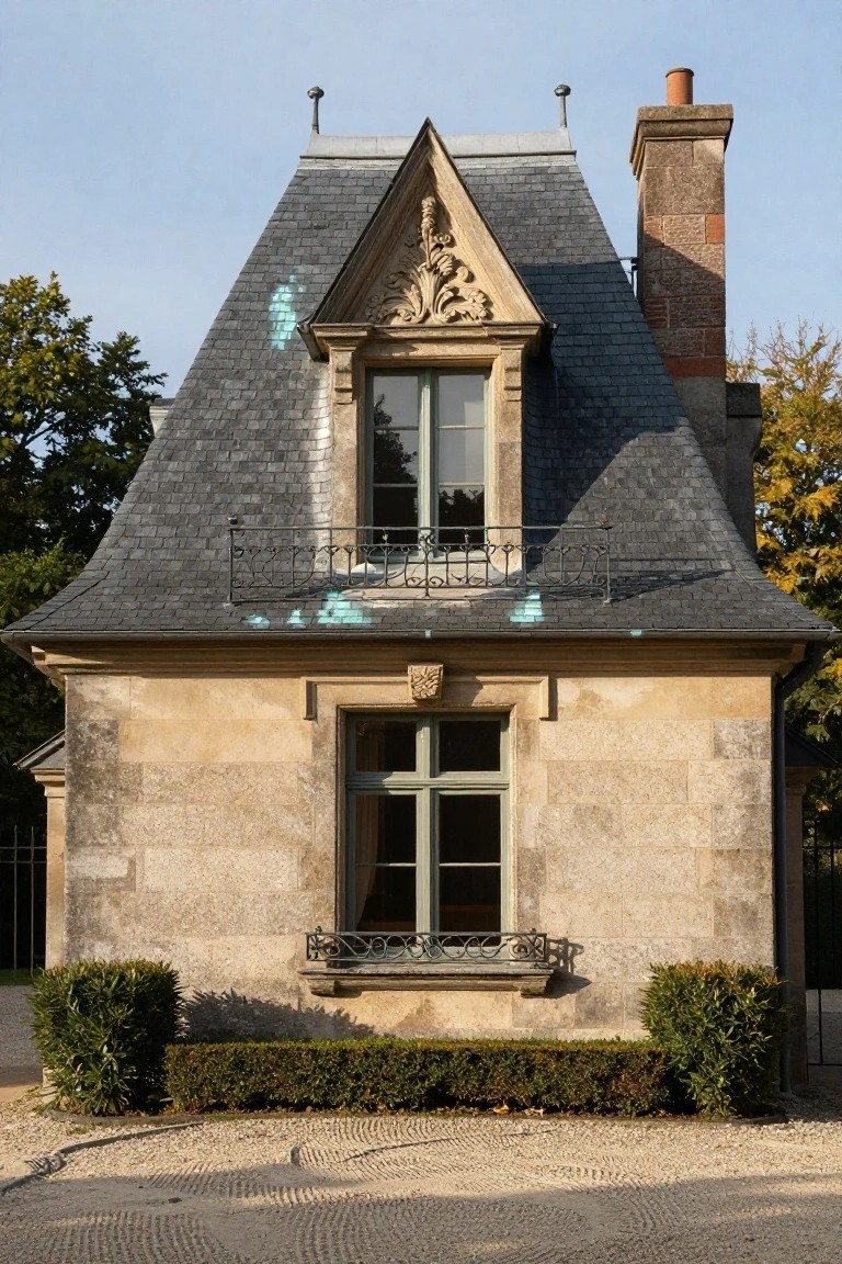 Small beige stone building with steep slate roof, ornate carved pediments above upper and lower windows, flanked by boxwood hedges on a gravel area.