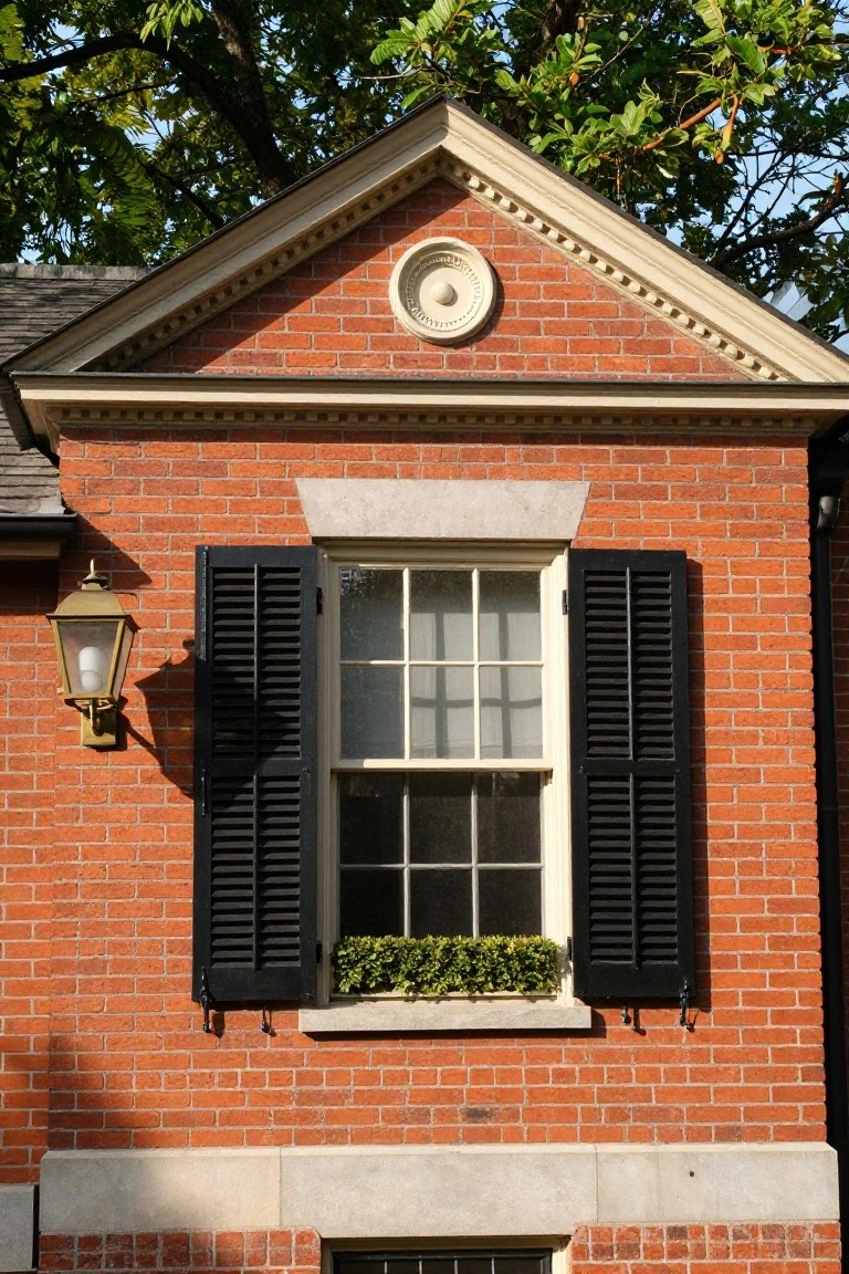 Red brick house exterior wall with a double-hung window, black louvered shutters on each side, white triangular pediment above, greenery in a window box below the sill, and brass lantern mounted to the left.