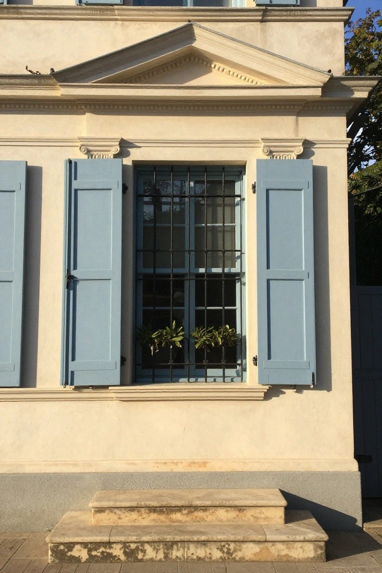Beige stucco facade with a central window featuring blue shutters, wrought iron grilles, potted plants on the sill, a triangular pediment above, flanked by columns, and stone steps at the base.