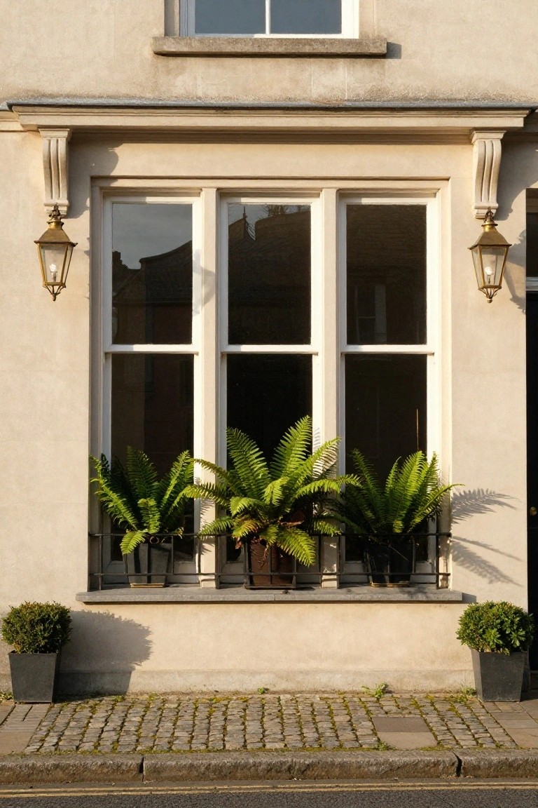 Beige stucco house facade with a large three-part white sash window under a bracketed cornice, featuring black metal window boxes filled with ferns, flanked by brass lanterns, potted boxwoods at the base, and a cobblestone path in front.