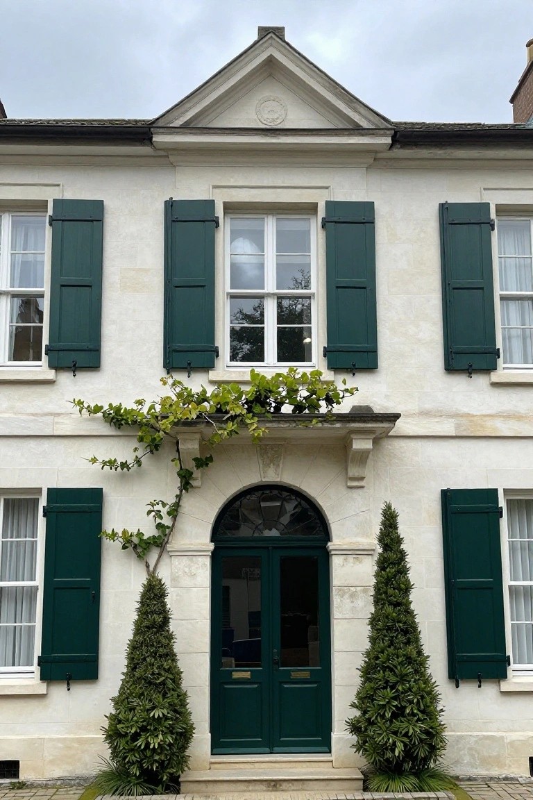 Beige stone two-story house facade with green shutters on tall multi-pane windows under a central pedimented gable, arched green double front door flanked by conical topiary trees, and vines climbing beside the entrance.