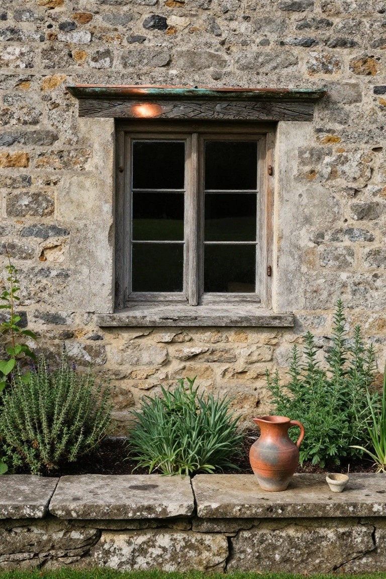 Stone wall with wooden-framed double window topped by weathered copper lintel, potted plants and terracotta jug on stone ledge below