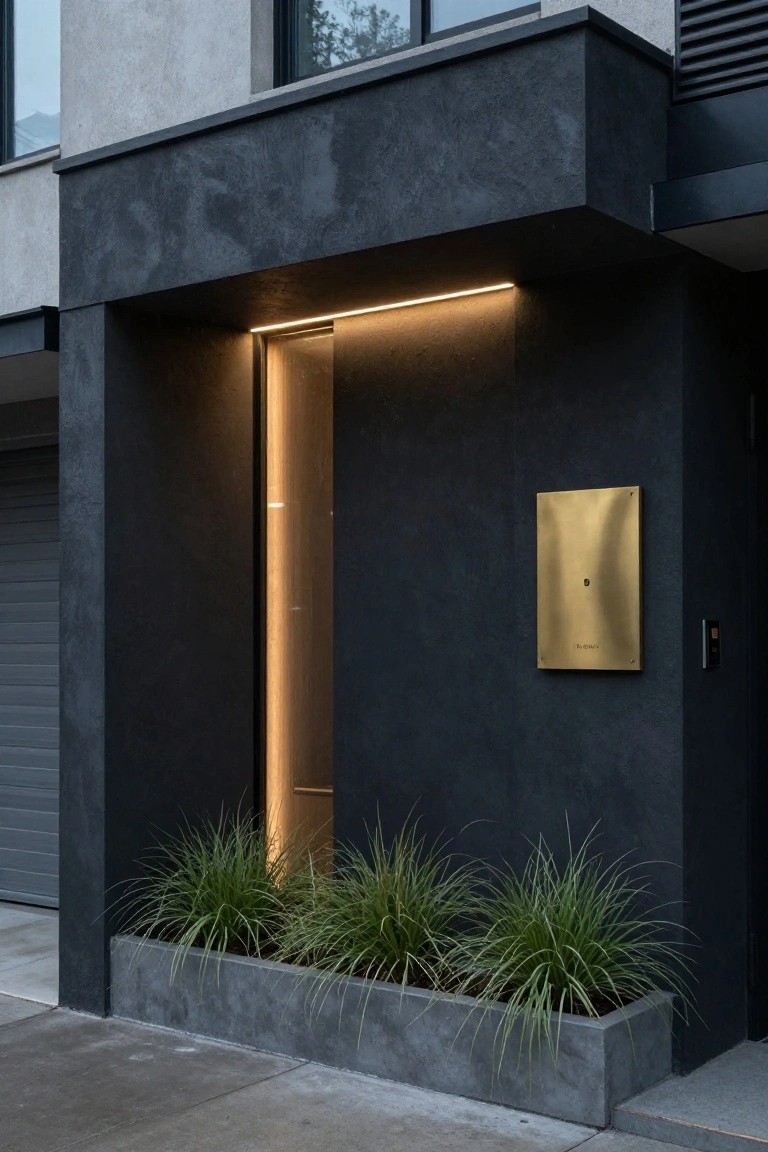 Modern house exterior with dark textured walls, vertical illuminated reveal beside a recessed wooden entry door, brass rectangular mailbox mounted on wall, concrete planter box filled with ornamental grasses, and gray garage door.