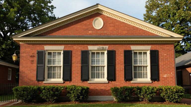 20 Exterior Window Pediment Ideas That Add Instant Sophistication Red brick house exterior wall with a double-hung window, black louvered shutters on each side, white triangular pediment above, greenery in a window box below the sill, and brass lantern mounted to the left.
