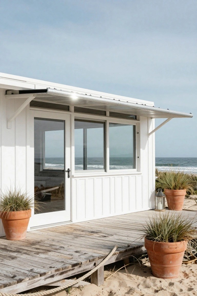 White clapboard beach house with large glass door and windows facing the ocean under a flat metal awning, on a wooden deck with terracotta pots of dune grass and beach sand nearby.