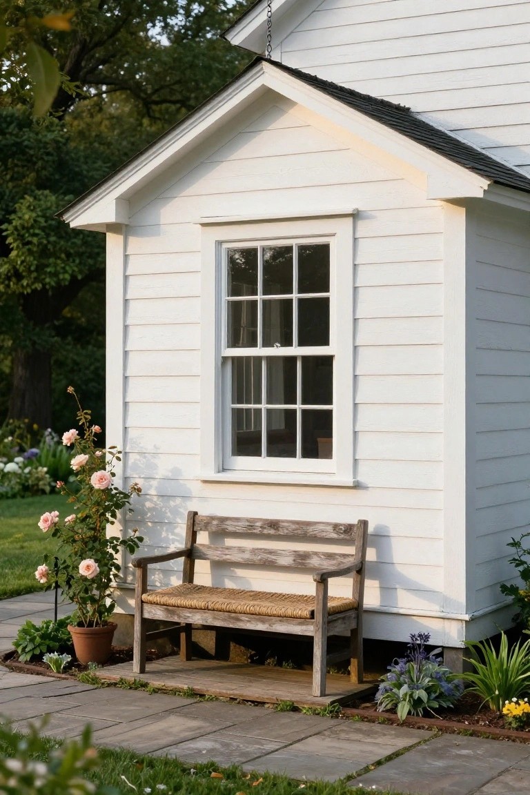 White clapboard shed with gabled pediment above a six-over-six window, weathered wooden bench with rush seat beside it, climbing pink roses and potted plants along a stone path.