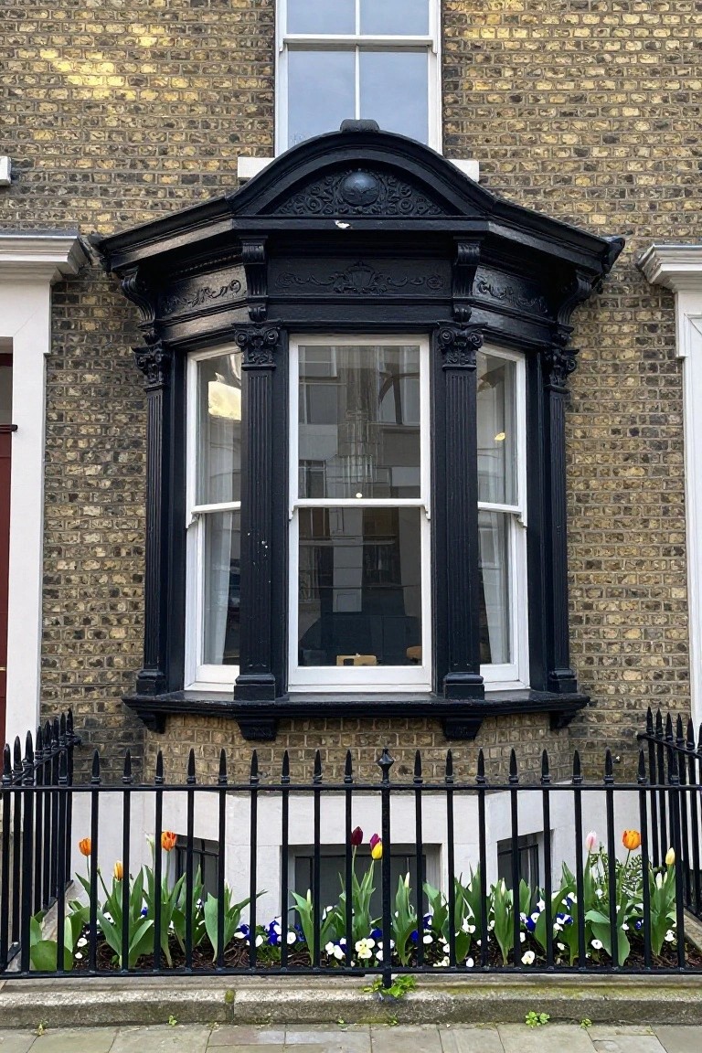 Yellow brick townhouse exterior with black ornate pediment and columns framing a three-pane bay window, black iron railing enclosing tulip flower bed in front.