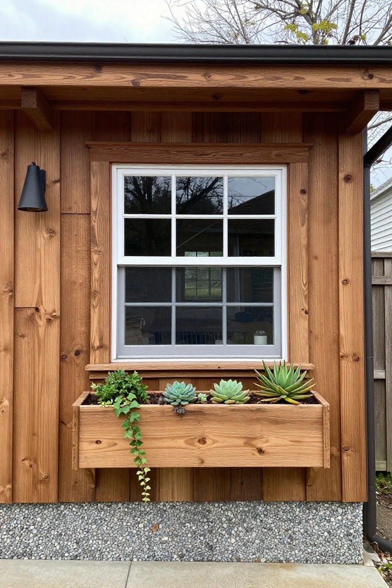 Wooden exterior wall with white divided-light window, black sconce light, and matching wooden window box containing succulents and trailing greenery, gravel base at bottom.