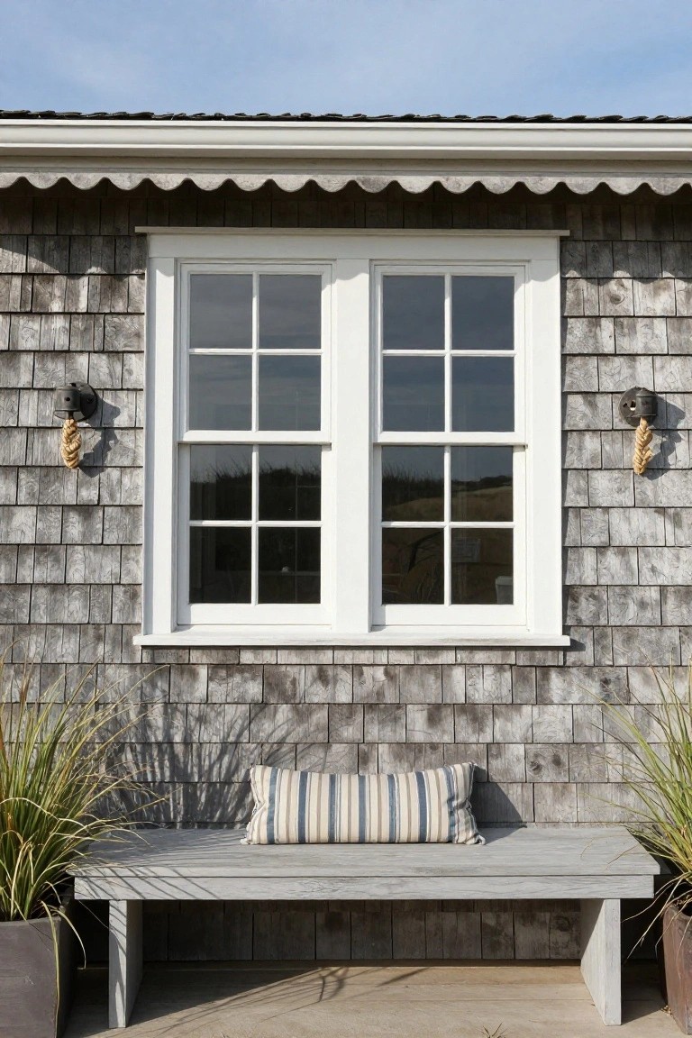 Gray shingled exterior wall with white double-hung window under scalloped awning, flanked by black lanterns wrapped in rope, wooden bench with striped pillow, and potted grasses on either side.